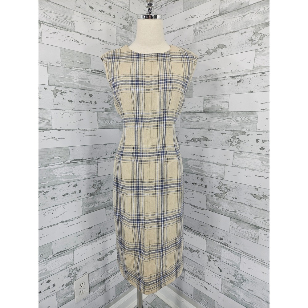 Brooks Brothers Tan Blue Plaid Wool Blend Sheath Dress Sleeveless Size 6